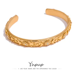 Yhpup Golden Stainless Steel Moon Star Sun Bangle Bracelet Stylish Metal Open Wrist браслеты на руку женкие Party Gift