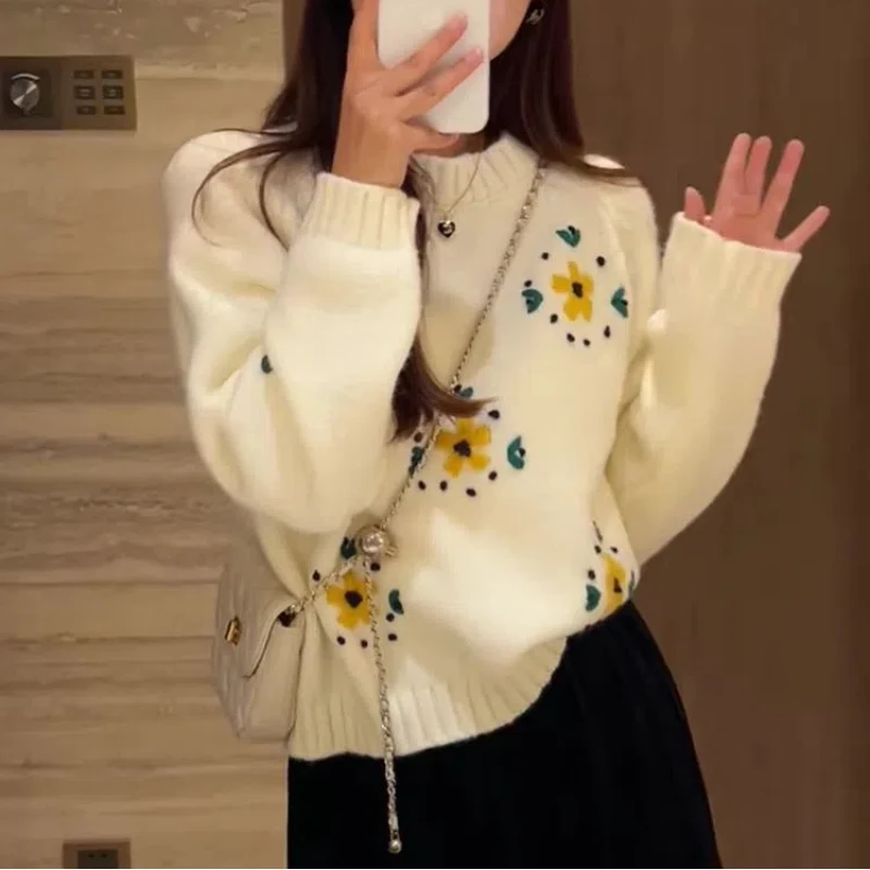 Autumn Winter Women\'s Clothing Floral Pullover Sweater Knitted Lantern Long Sleeve Round Neck All-match Casual Fashion Tops