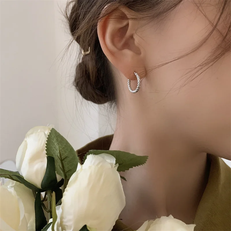 Elegant Stainless Steel Textured Hoop Earrings Women Round Circle Ear Huggie Gold Color Accessorie Aretes Japan Korean Jewelry