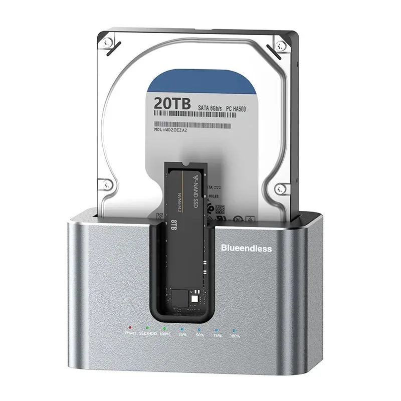 Dual-bay Solid-state Drive Enclosure,M.2 NVMe SSD Docking Station with 2.5/3.5-inch SATA Reader, Offline Copying,10Gbps