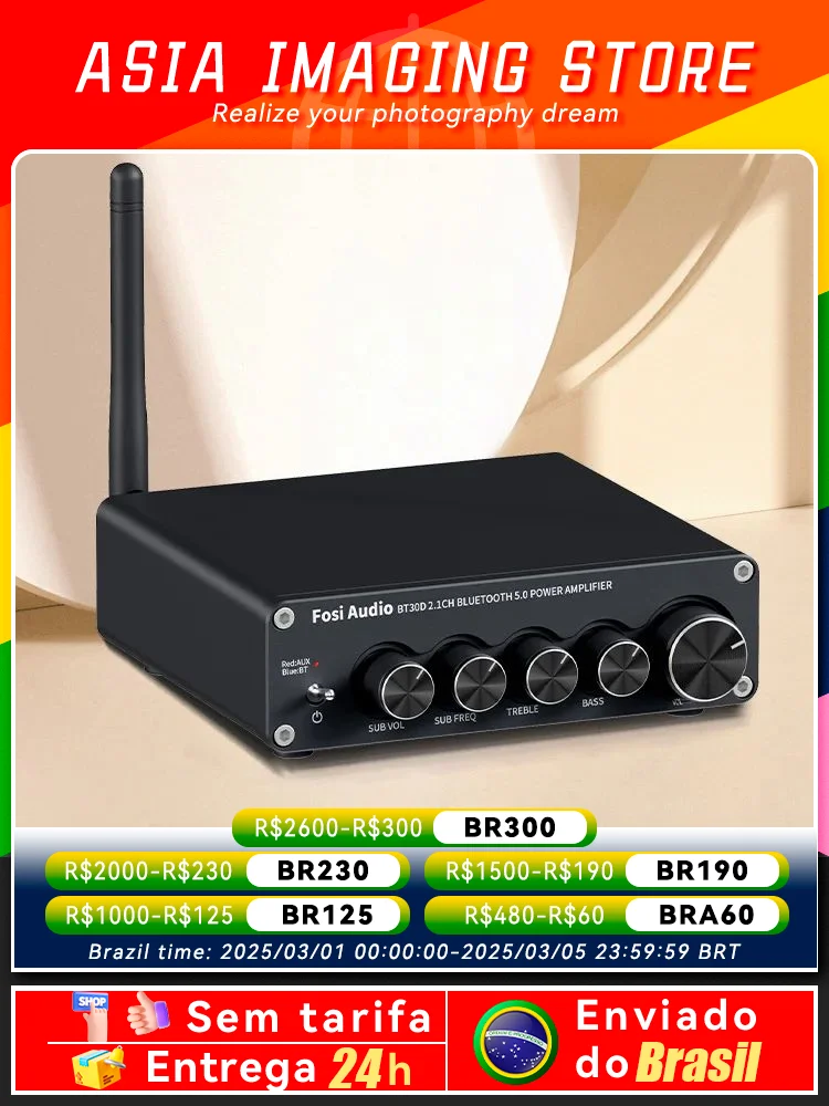 Fosi Audio-Amplificateur de puissance sonore Bluetooth BT30D, 2.1 canaux, contrôle des basses et des aigus, caisson de basses audio, 100W + 50W x 2