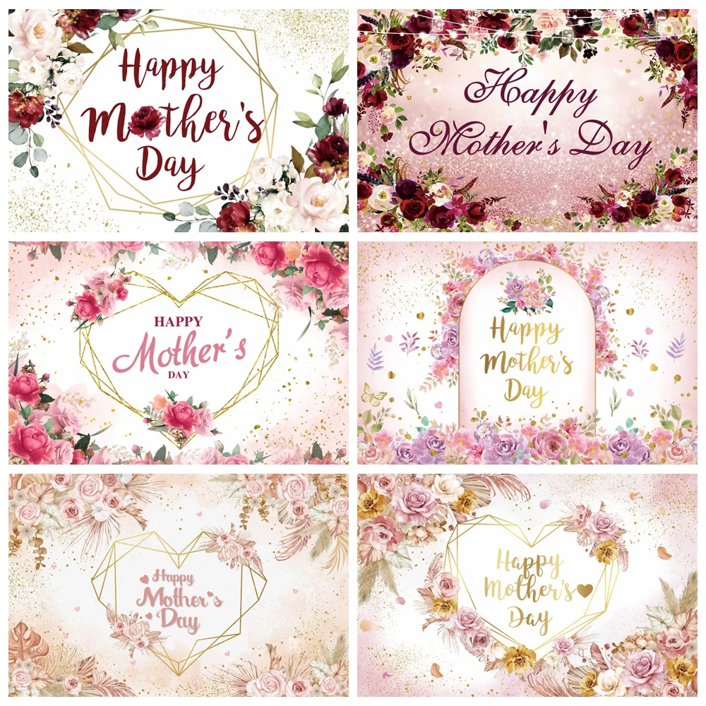 

Happy Mother’s Day Backdrop for Photography Pink Flower Love Heart I love You Best Mom Birthday Party Background Photo Studio