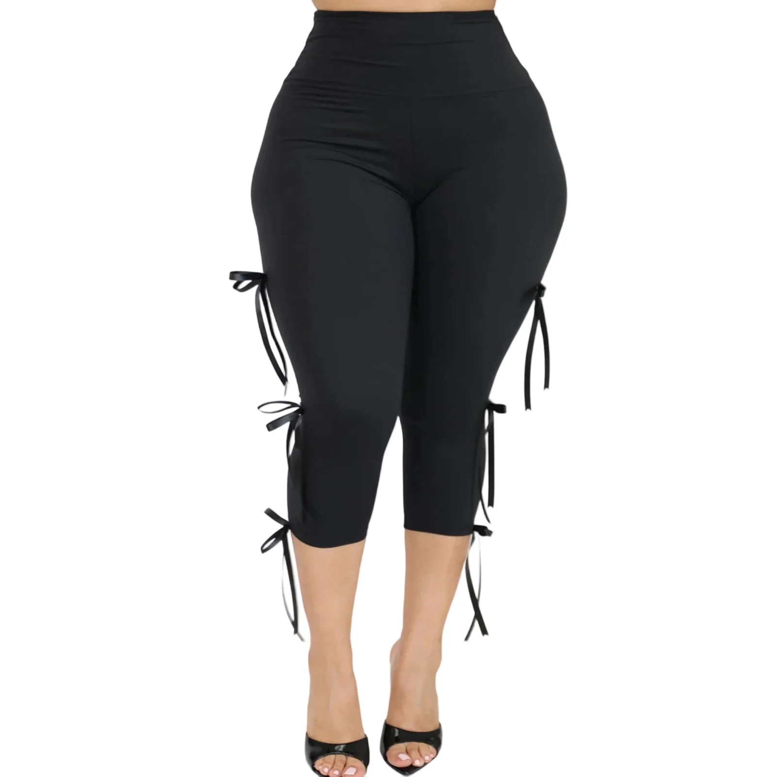 Women Capri Pants Elastic Waist 3 4 Length Pants Tie-up Solid Leopard Print Cropped Pants for Casual Daily