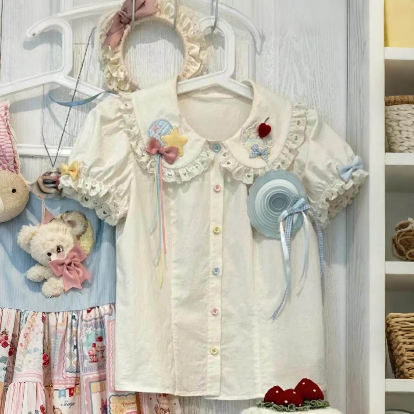 Lolita Doll Collar Bubble Sleeve Shirt Women Lolita Sweet Inside with Cute Bow White Bottom Top Short Sleeve Women Tops