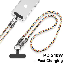 PD240W Fast Charging Cable 2 in 1 Universal Mobile Phone Lanyard Type C to USB C Cable Zinc Alloy Lock Neck Wrist Phone Strap