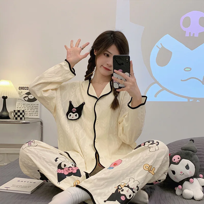 Two Piece Set of Spring And Summer New Cardigan Women's Pajamas Instagram Style Cartoon Kuromi Fashion Sweet Princess Style