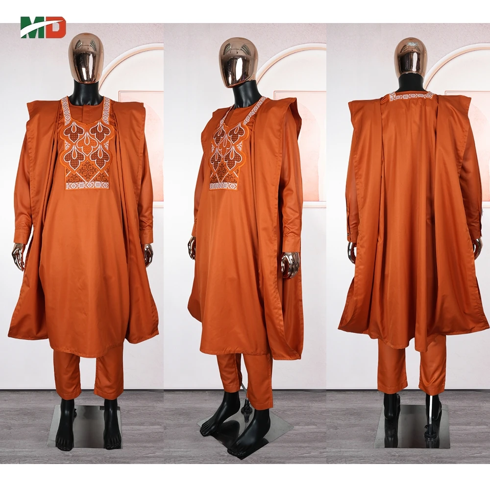 MD 2025 الأفريقي بوبو الرجال Agbada 3 قطع مجموعة البرتقال Dashiki قميص رجالي السراويل دعوى الملابس المطرزة الزفاف بلايز السراويل دعوى