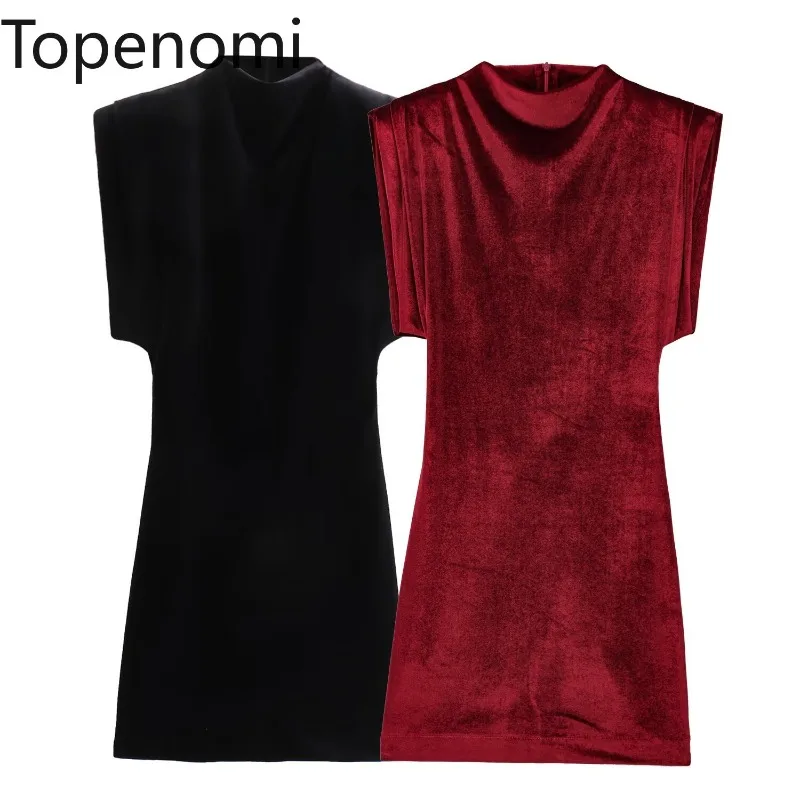 Topenomi Fashion Velvet Party Dress Women 2025 New Stand Collar Sleeveless Waist Slim Evening Short Dresses Sexy Solid Vestidos