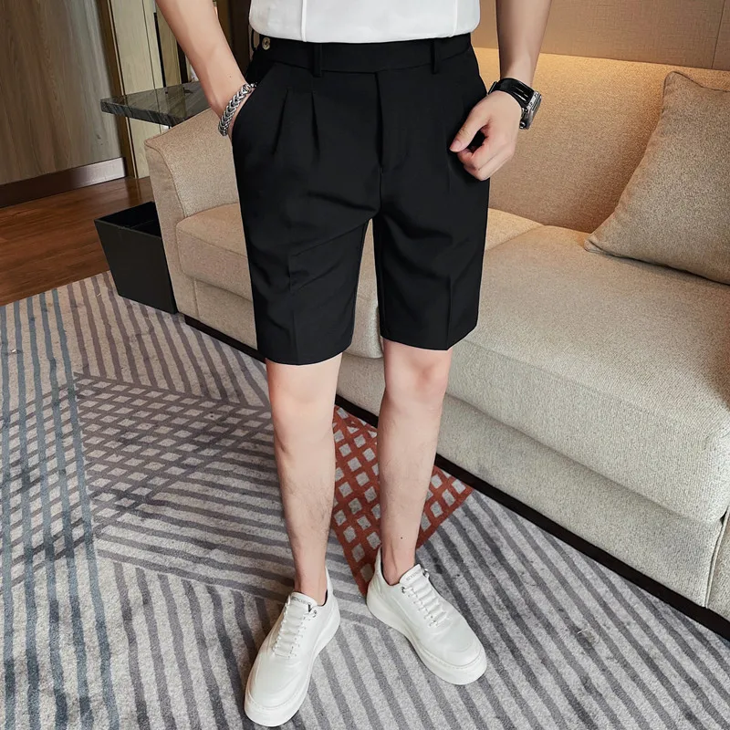 5 Colors Summer Men\'s Shorts High Quality Fashion Belt Design Slim Fit Short Pant Formal Social Wedding Party Knee Length Shorts