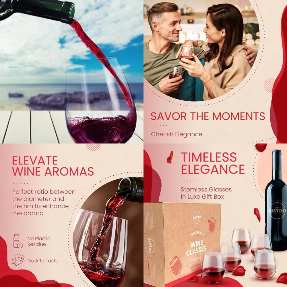 

Set of 12 Resilient Stemless Wine Glasses - 100% Tritan Plastic, 16 Oz, Dishwasher Safe