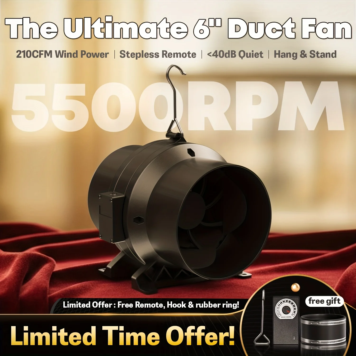 

ALPHAGROW 6-дюймовый линейный канальный вентилятор 210 куб. футов в минуту, 5500 об/мин, бесшумный регулятор скорости, сверхтихий электродвигатель, 33,6 Вт, включает подставку и высоту