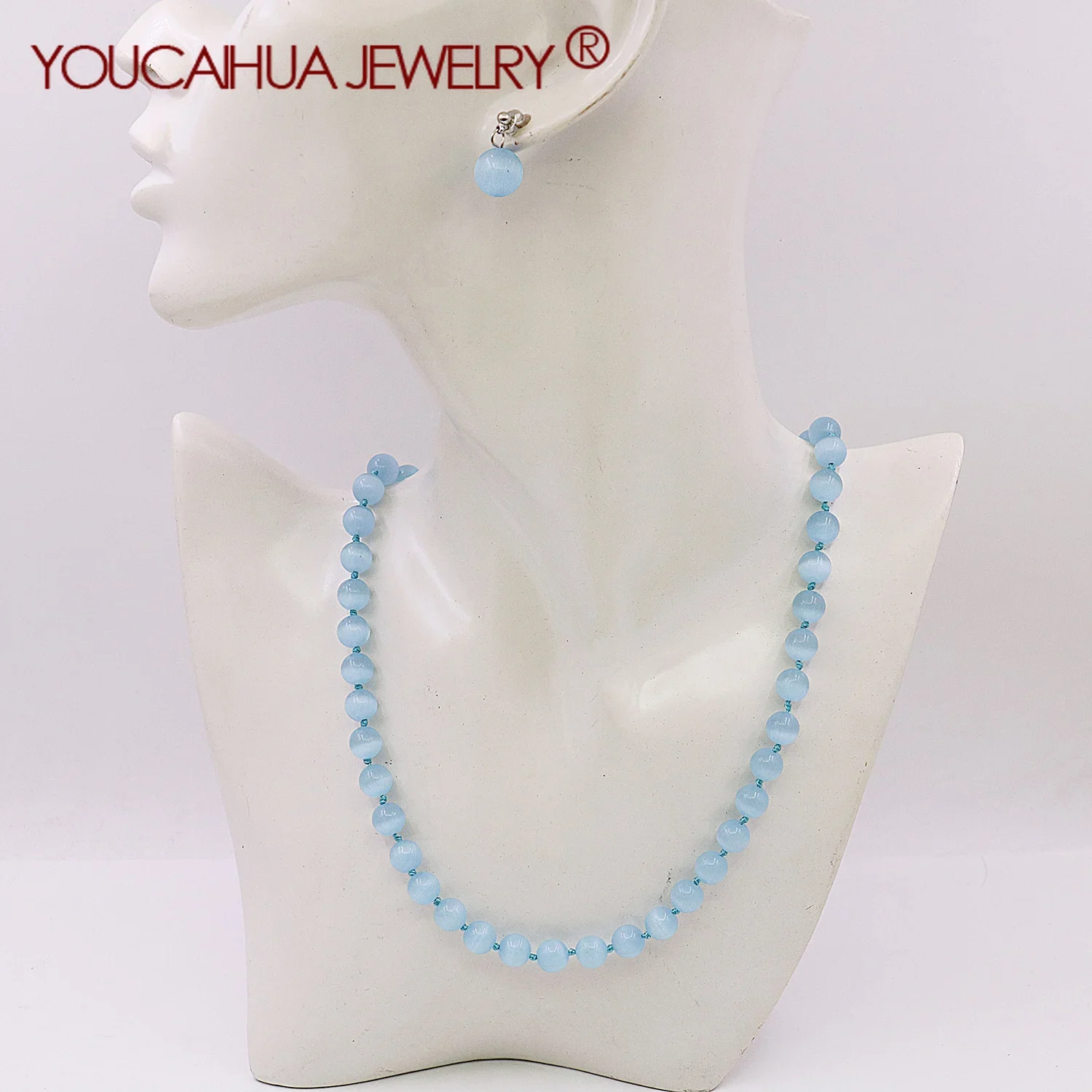 6/8/10mm Light Blue Natural Cat's Eye Opal Stone Round Bead Necklace/earring Set,Gems Beads,Natural Stone Jewelry, Women's Gifts