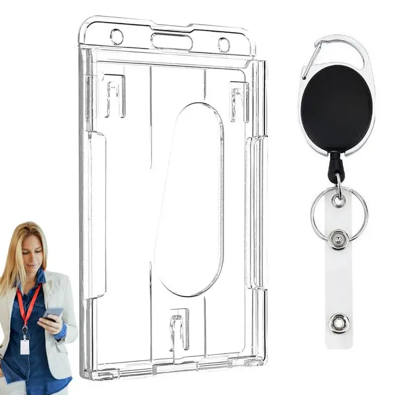 2 Card Id Badge Houder Transparant Clear Verticale Harde Kaarthouder Stijve Id Card Protector Case Met Duim Notch Slot keten