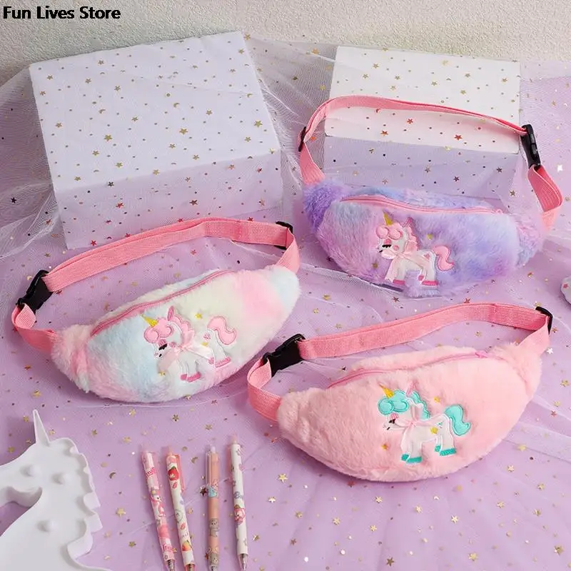 Unicorn Plush Waistpack Cartoon Children Soft Waist Bags Mini Chest Pack Winter Faux Fur Purse for Kids Travel School Handbags