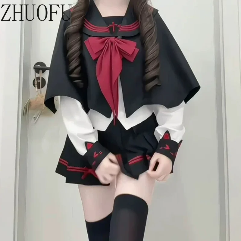 Sweet Japanese Design Waist-cinching Women's Shirts 2026 Autumn New College Style Y2k Black Pleated Skirts Four-piece Set Ladies