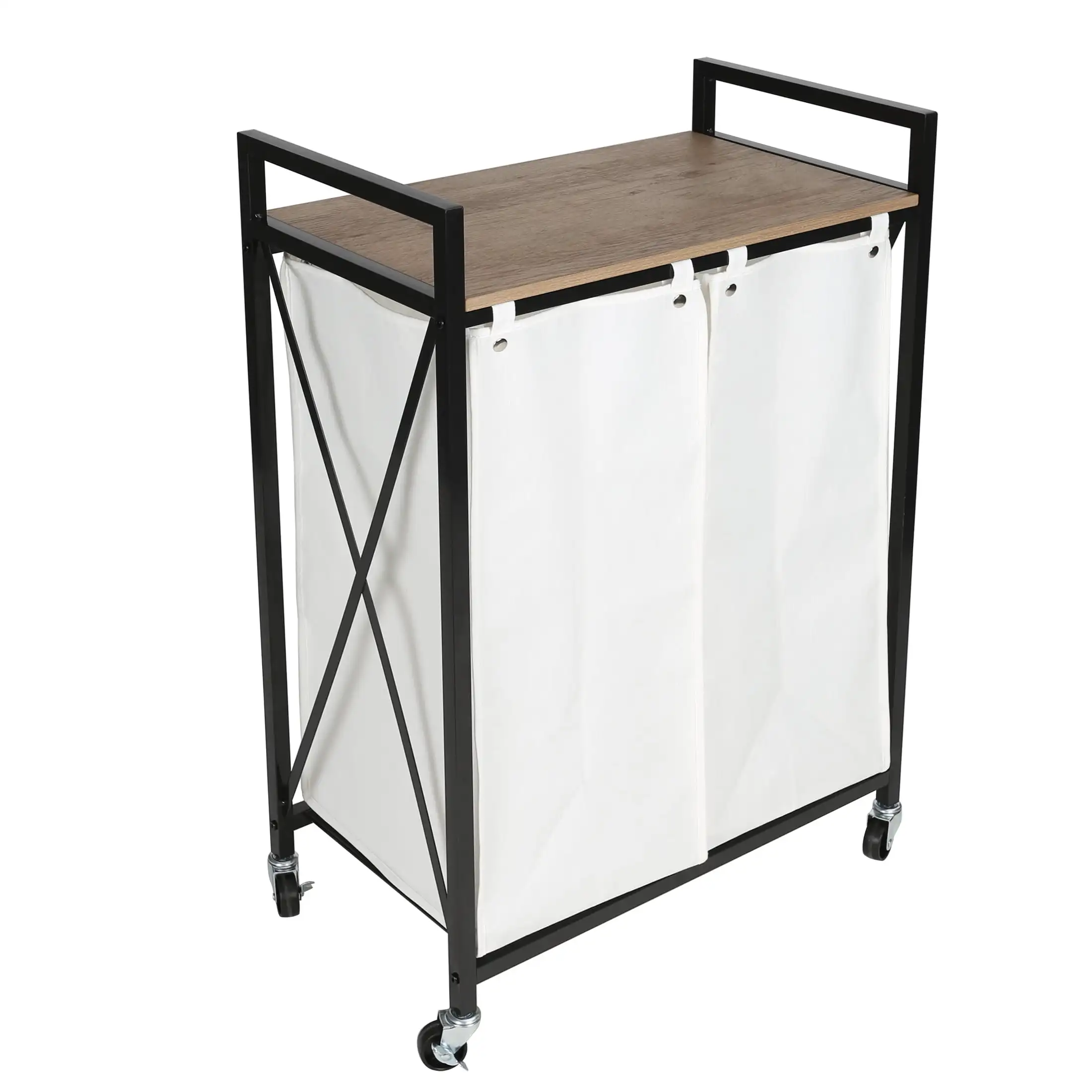 Laundry Sorter Cart Metal Frame with White Fabric Bins Adult Easy Rolling Casters with 2 Locking Wheels Flip Over Wooden Cover