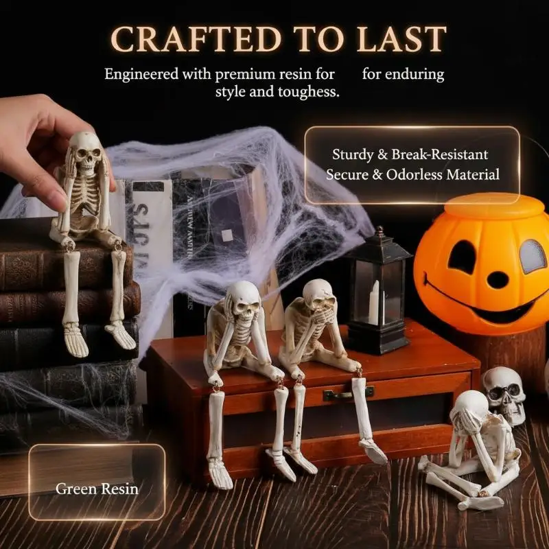 3 Pcs Resin Skeleton Statues See Hear Speak No  Spooky Decor for Halloween Indoor Tabletop Party Ornament