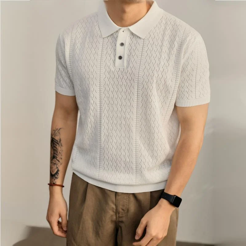 WVGA Spring Summer New Man Knitted Turn-down Collar Hollow Out Crochet Pattern Short Sleeve T-shirt Ncihe Casual Tops Ins W23590