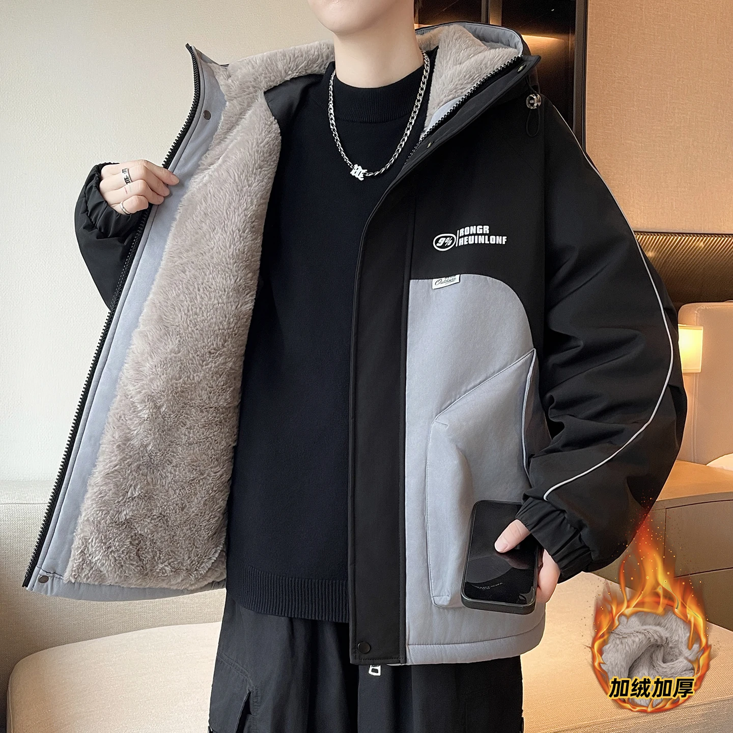 Fashion Men's Hooded Fleece Liner Jackets 2026 Autumn Winter Youth High Street Loose Plush Coats Outwear Windproof Tops Clothing