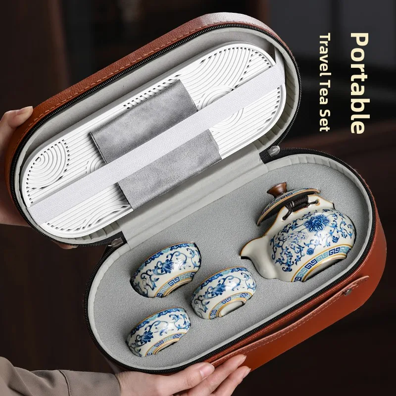 

Portable Travel Tea Set Outdoor Yu Kiln Quick Guest Cup One Pot Three Cups Handheld Pot Camping Carry-On Bag Dining Utensils