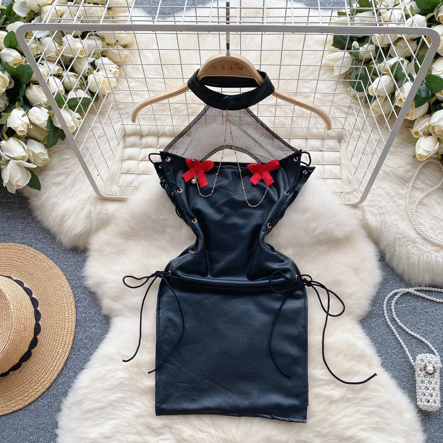

Hotsweet Y2K Sexy Club Party Dress Halter Sexy Women's Black Dress Lace Up Mesh Patchwork PU Leather Short Dress Slim Sexy