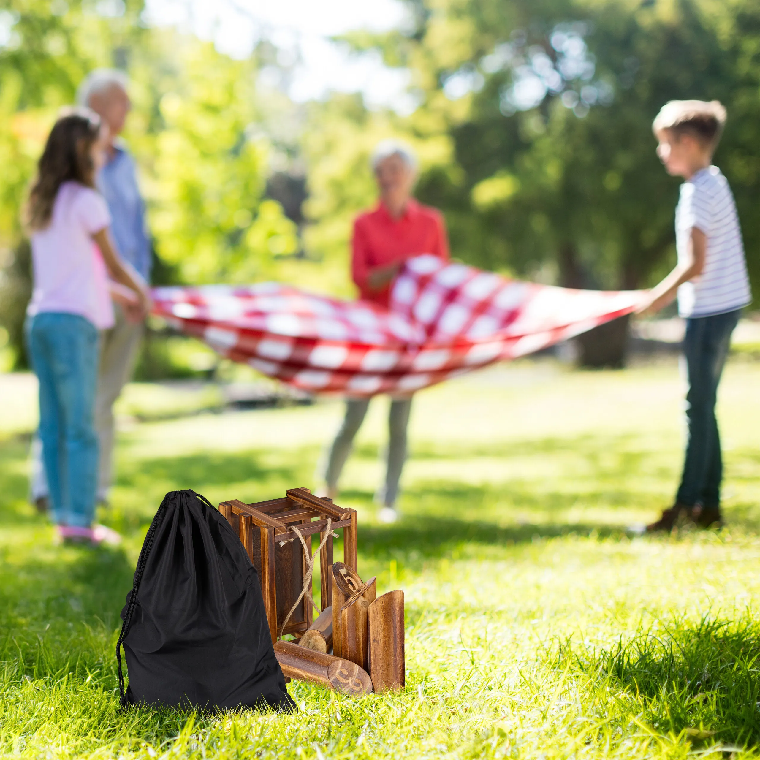 Juego Kubb, juego de lanzamiento finlandés de madera, para jardín, parque y camping, con bolos numerados, caja de madera y bolsa, Relaxdays