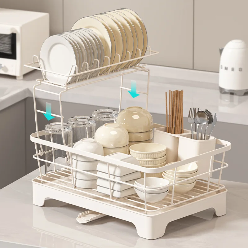 المنزل وعاء من الصلب الكربوني ولوحة استنزاف رف المطبخ تخزين الرف طبقة مزدوجة وعاء وألواح تجفيف مع حامل أواني