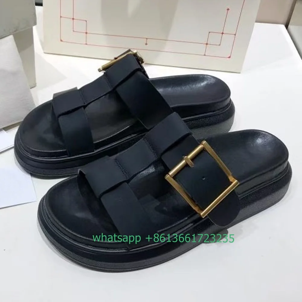 

Slip on Platform Slippers T Belt Buckle Round Toe Women Slides Open Toe Solid Color Sandals 2024 Summer New Fashion Slippers