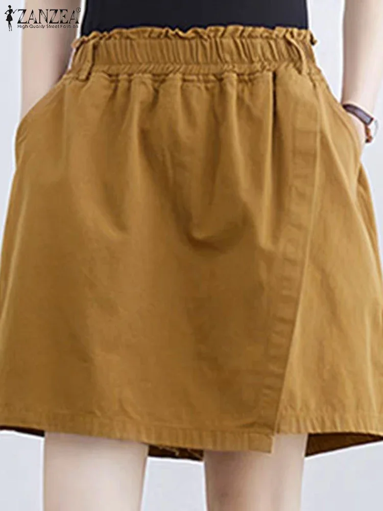 ZANZEA 2025 Damskie Letnie Szorty Spódniczki Elastyczna Talia Jednolite Szorty Codzienna Moda Wysoki Stan Kieszenie Vintage Oversize Szorty