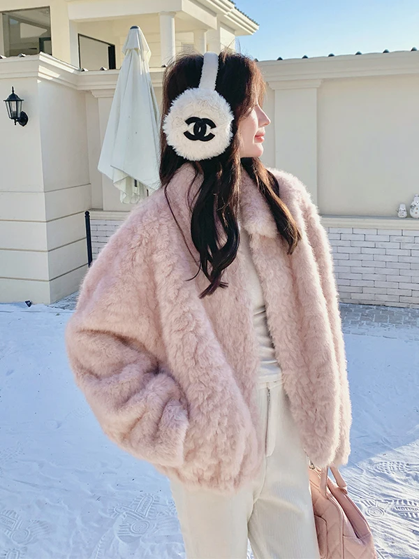 Pink Fluffy Lamb Fur Jaet Women's ort Sle Warmth Autumn Winter New Arrival Small Size Ele Loose Fit Long Sve Zipper