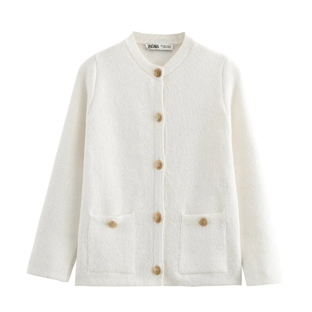 

European And American Fashion Knitted Jacket Women's Long-Sleeved Buckle Design Two-Color Simple Style for Spring And Autumn