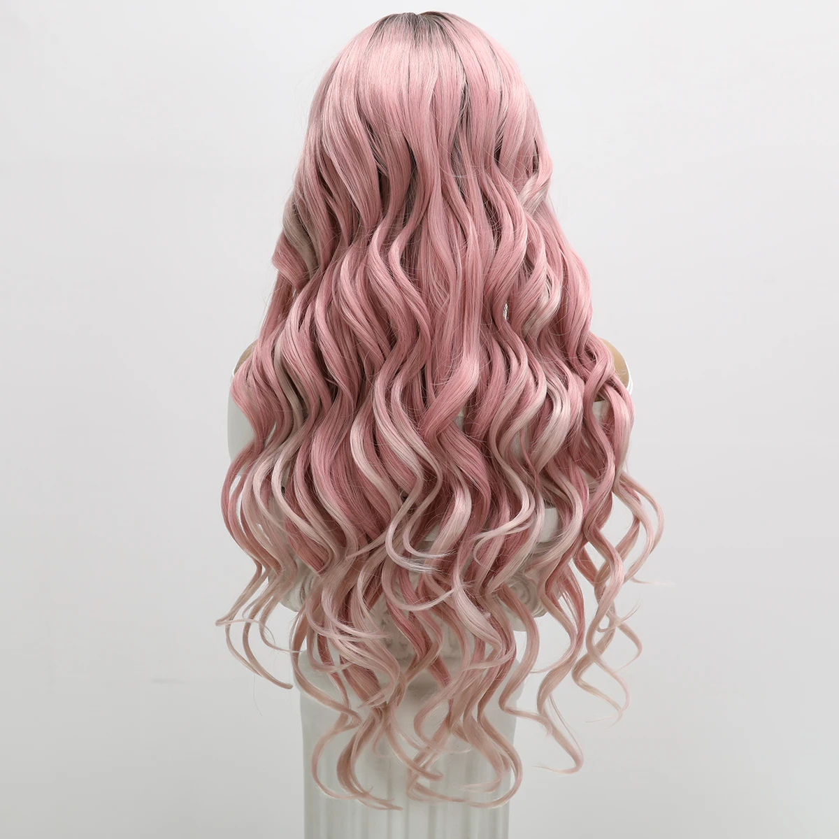 Parrucca da donna in pizzo frontale Capelli lunghi ricci con grandi onde Colore rosa Parrucca divisa centrale bianca naturale Stile europeo e americano