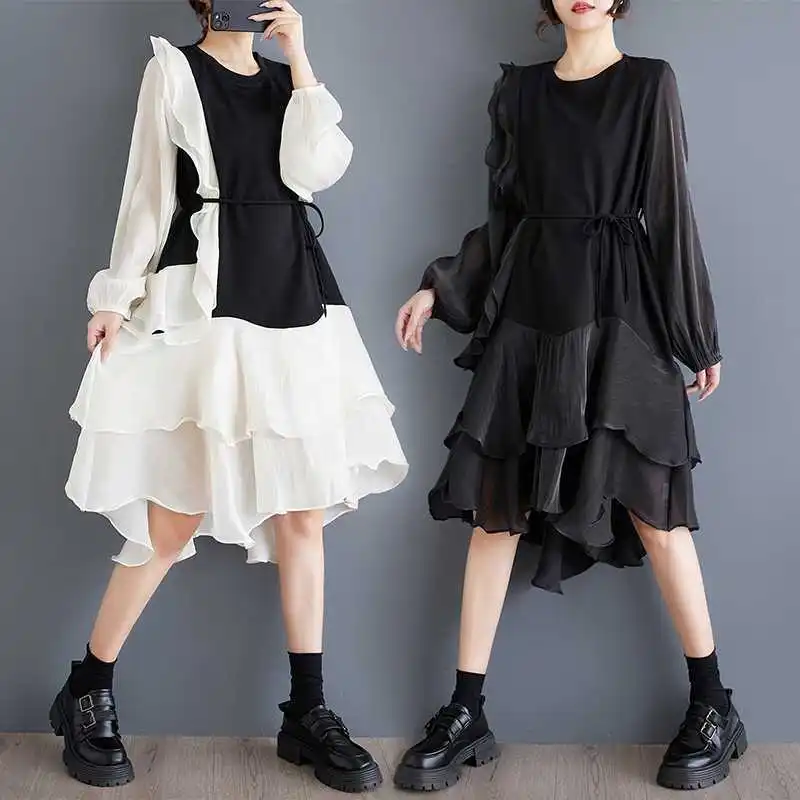 Chic Primavera Autunno Donna Filato netto Splicing Ruffles T-shirt Abito Allentato Patchwork irregolare Bordo di loto Tees Abito Top Abiti