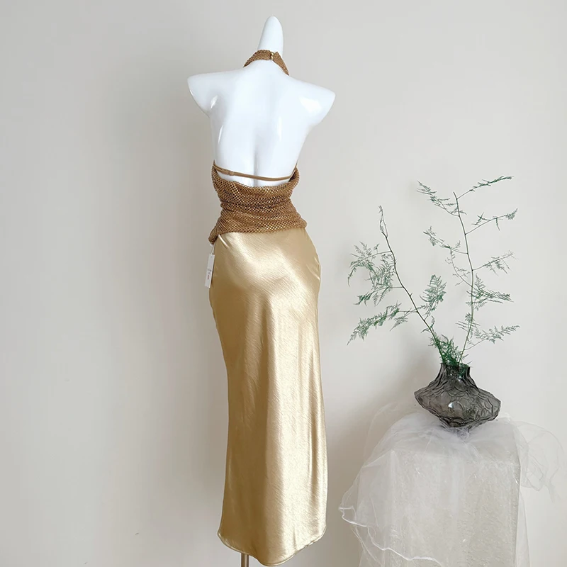 Luxury Evening Party Golden Two-piece Skirts Sets Sexy Backless Halter Tops Korean Fashion High Waist Mermaid Skirts Suits 2026