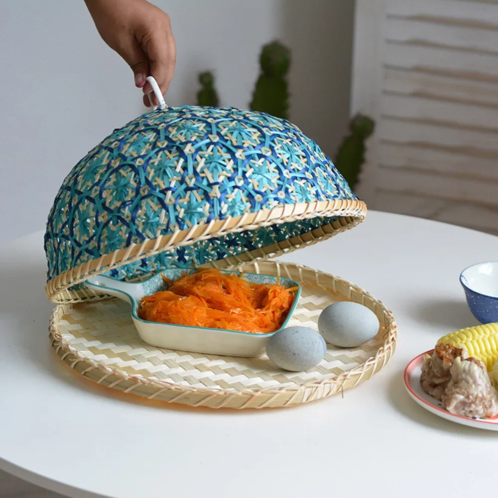 

New Blue Natural Bamboo Woven Food Cover Restaurant Home Table Display Fruit Food Fly Cover Drying Basket Kitchen Accessories