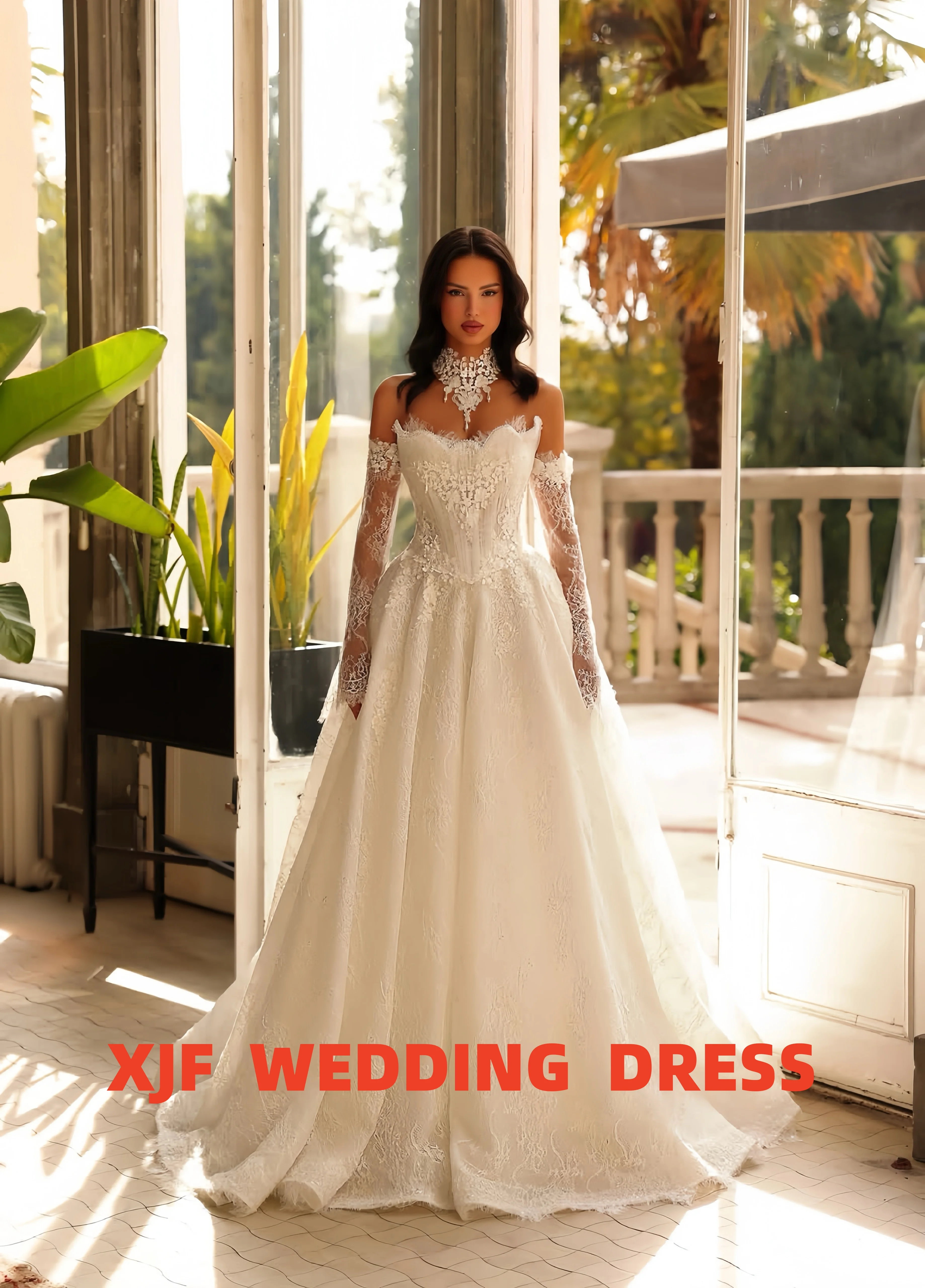 Vestido de noiva elegante personalizado, gola doce, manga comprida, vestido de noiva feminino com apliques A-LINEvestidos de novia