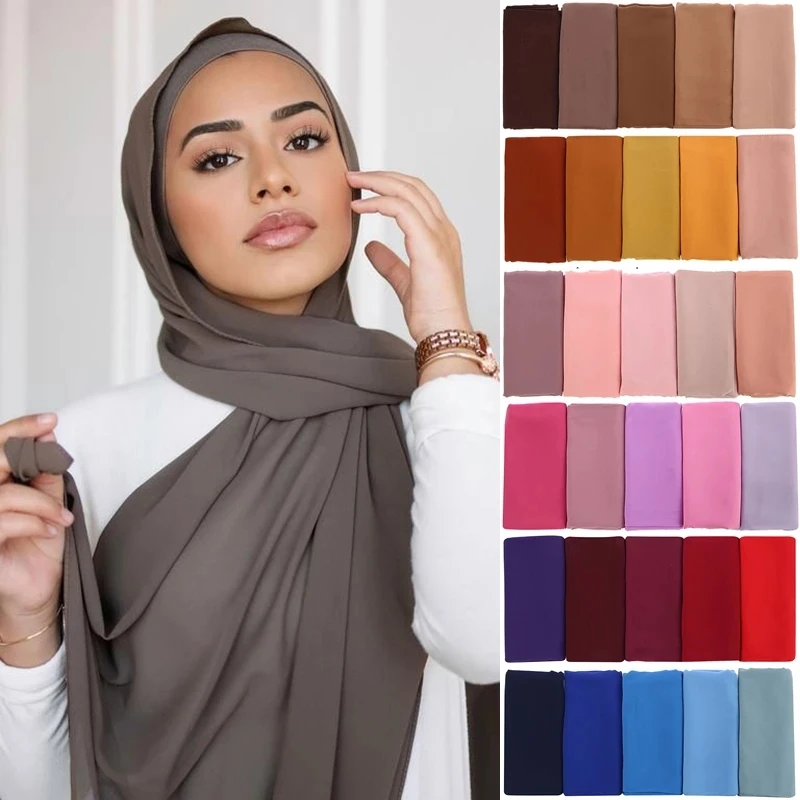 Jilbab sifon Muslim syal wanita warna Solid panjang pembungkus kepala untuk wanita Hijab syal wanita kerudung Muslim Hijab Jersey