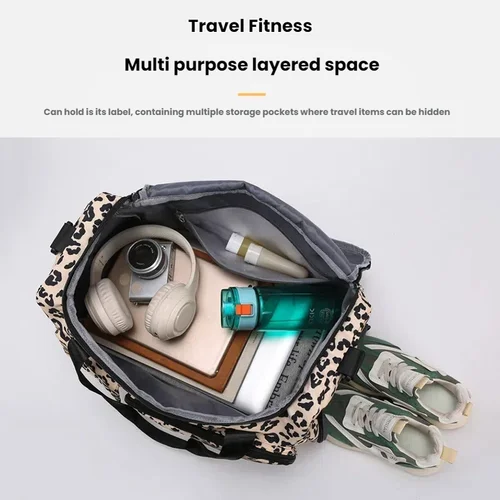 Imagen 2 del producto Bolsa de viaje con estampado de leopardo de moda, gran capacidad, múltiples bolsillos, bolsa deportiva y de fitness, bolsa de viaje, bolsa de almacenamiento, Etc.