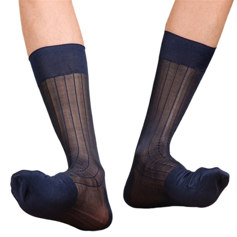 Mens Thin Dress Socks Silk Sheer Formal Business Socks Nylon Middle Calf Suit Socks See Through Ribs Striped Socks