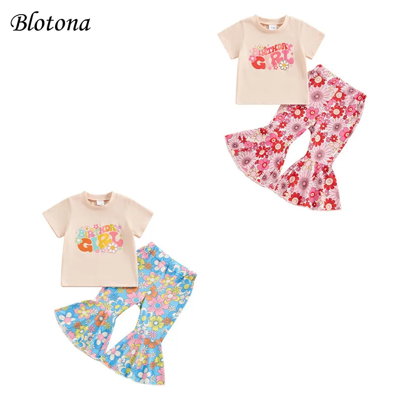 

Blotona Kids Girls Pants Set, Flower Print Short Sleeve Crew Neck T-shirt with Flared Pants Summer Outfit 6M-4Y