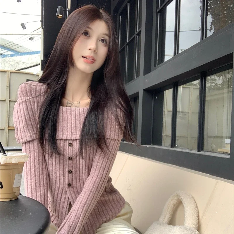 

Gentle Style Knitted Pullover Women One-shoulder Design Open Velvet Bottoming Tops Female Sweet Cute Versatile Pullovers