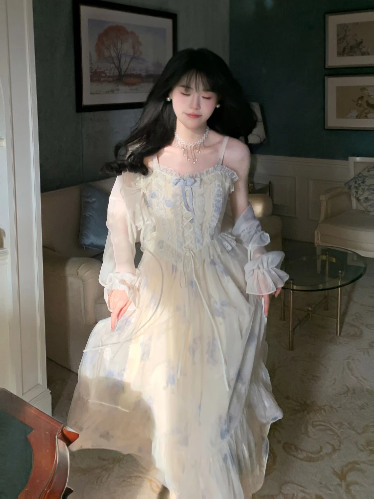 Evening Party Vestidos Female One Piece Dress French Fashion Vintage Printed Fairy Ruffles Midi Dresses Women Autumn New A-Line