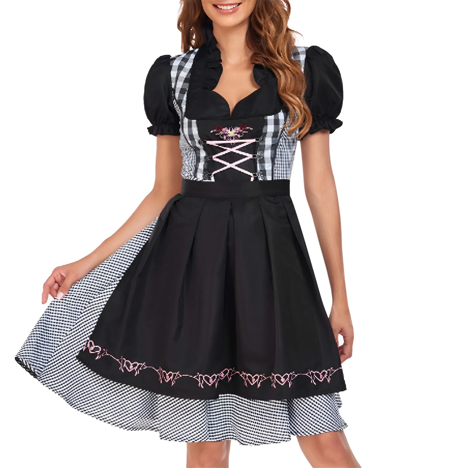 Costumes traditionnels bavarois Oktoberfest pour femmes, robes Dirndl à carreaux, robe tablier pour femme de chambre allemande, robe de soirée cosplay