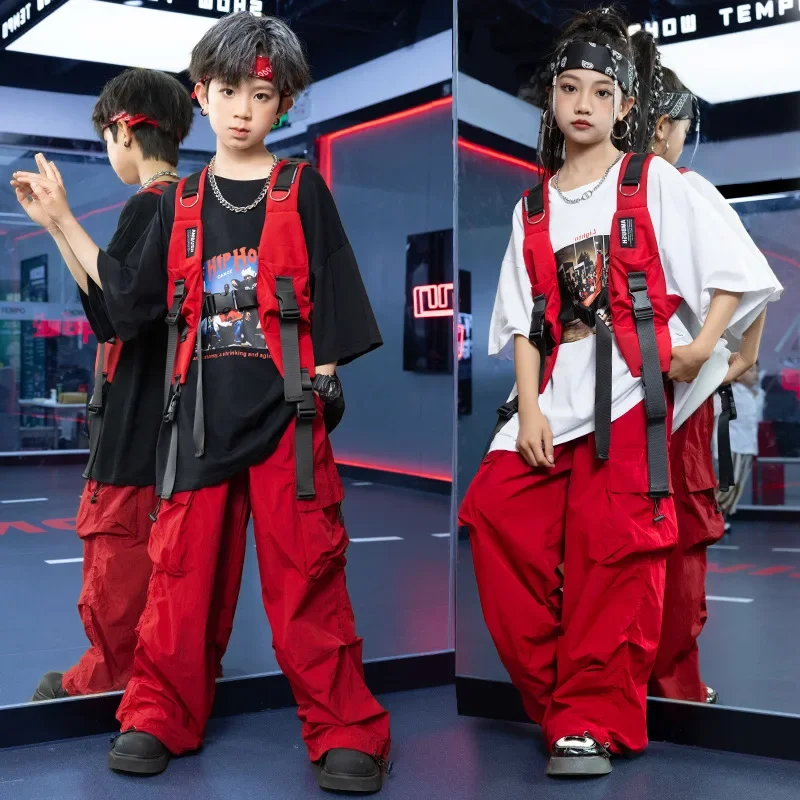 

Kid Jazz Dance Costume Clothes Girl Boy Kpop Hip Hop Clothing Red Vest Ruched Cargo Pants