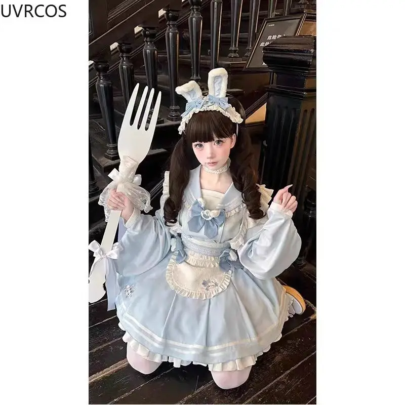 Conjunto de vestido de sirvienta japonés Kawaii Lolita para mujer, dulce volante, cuello de marinero, delantal con lazo de conejito, vestidos de princesa, minivestido elegante de fiesta