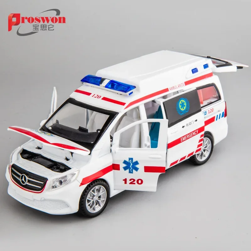 1:32 Mercedes Benz Emergency ambulance 120 Diecast Metal Alloy Model car Sound Light Pull Back Collection Kids Toy Gifts