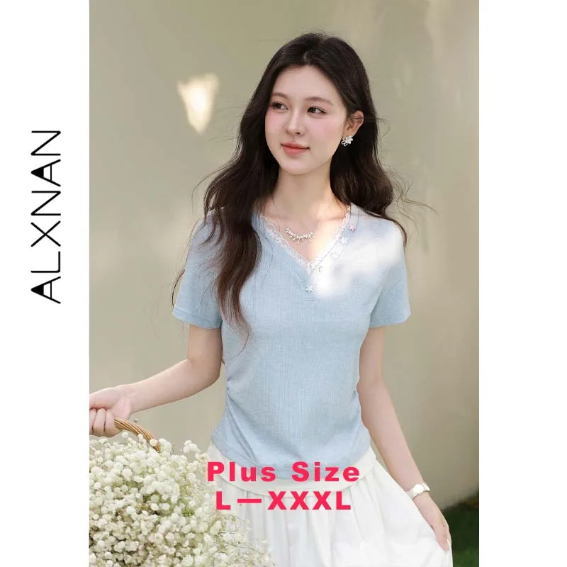 

ALXNAN Plus Size Blue Short Sleeve Women Summer T-shirt V-neck Lace Trim Fake Two Piece Slim Fit Korean Casual Tees D65706