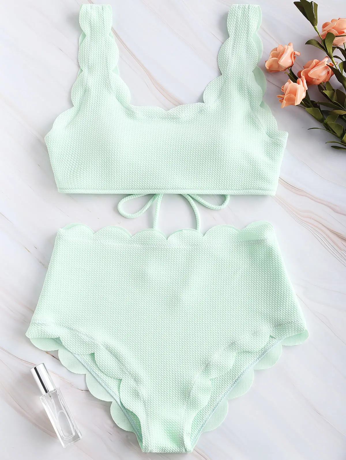 ZAFUL Women's swimsuit Scalloped Textured High Waisted Bikini Set