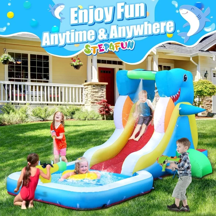 Opblaasbaar waterglijbaan springhuis voor achtertuin peuter opblaasbaar uitsmijter met luchtblazer splash zone klimmuur waterkanon