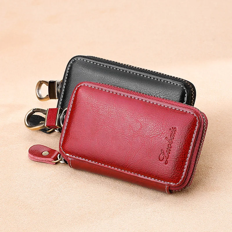 Cartera de cuero genuino Unisex para llaves, organizador de bolso, cartera para ama de llaves de coche, tarjetero